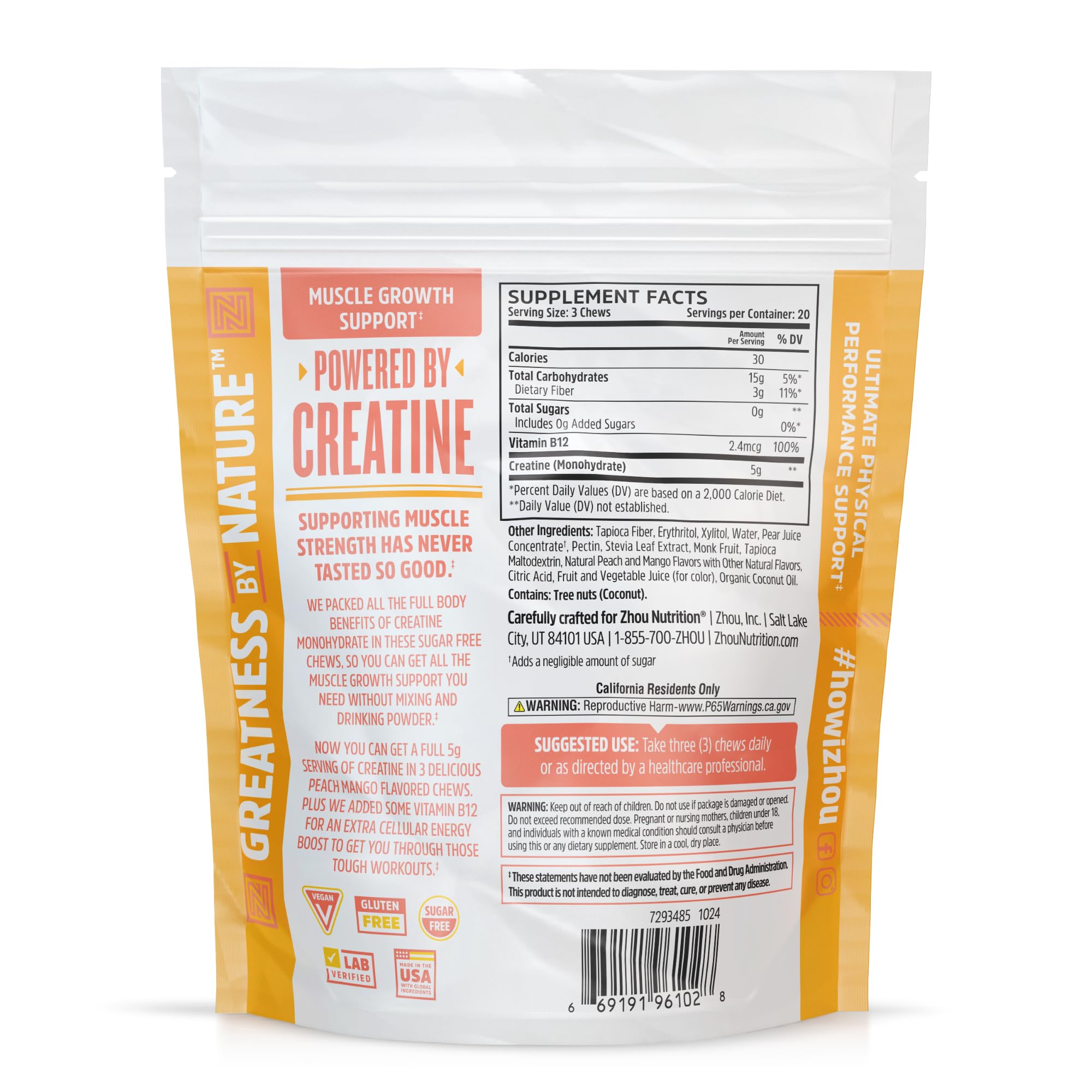 ZHOU Creatine Chews primer plano de gomitas con textura suave.
