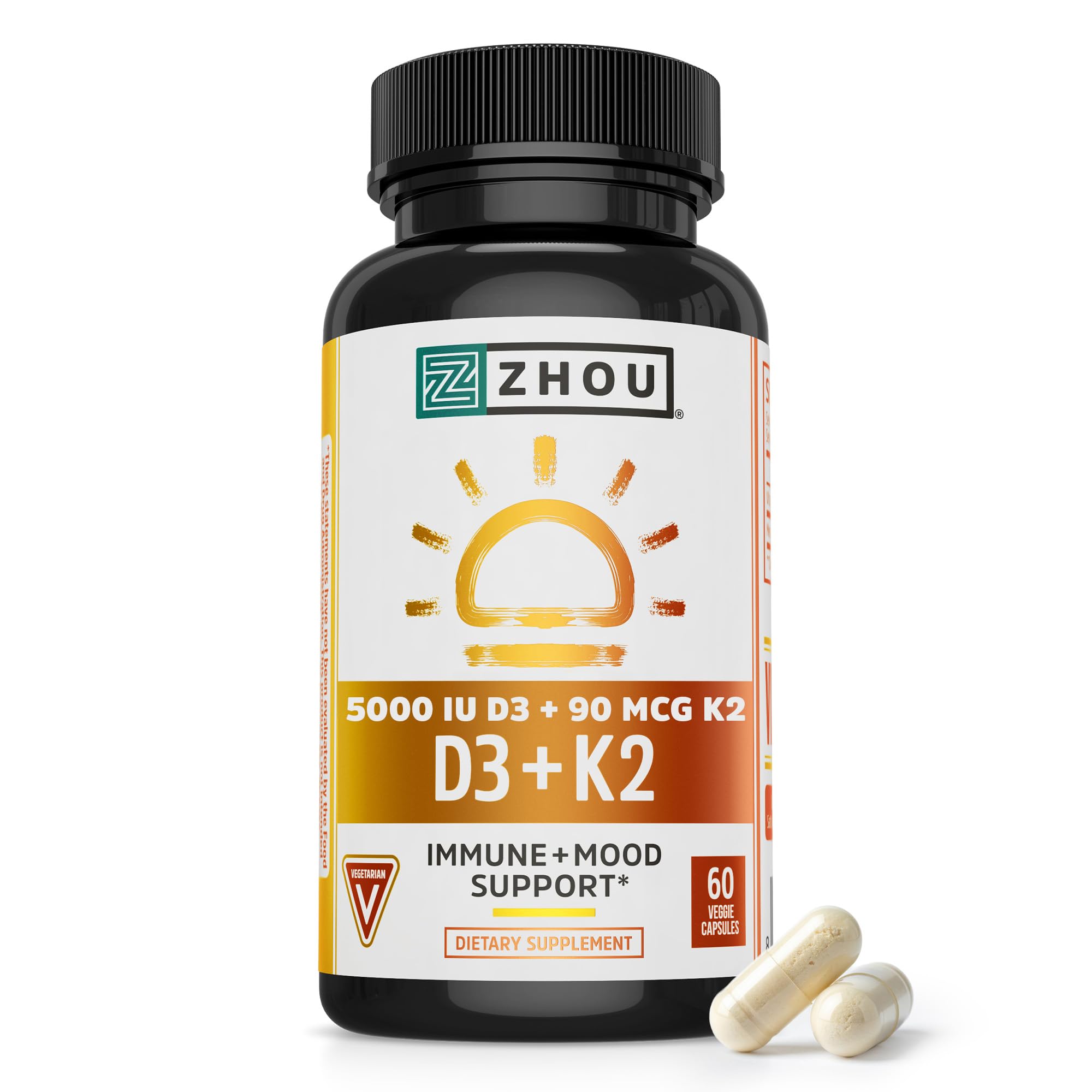 ZHOU D3+K2: cápsulas veganas en bote para apoyo diario de huesos.