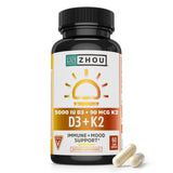 ZHOU D3+K2: cápsulas veganas en bote para apoyo diario de huesos.