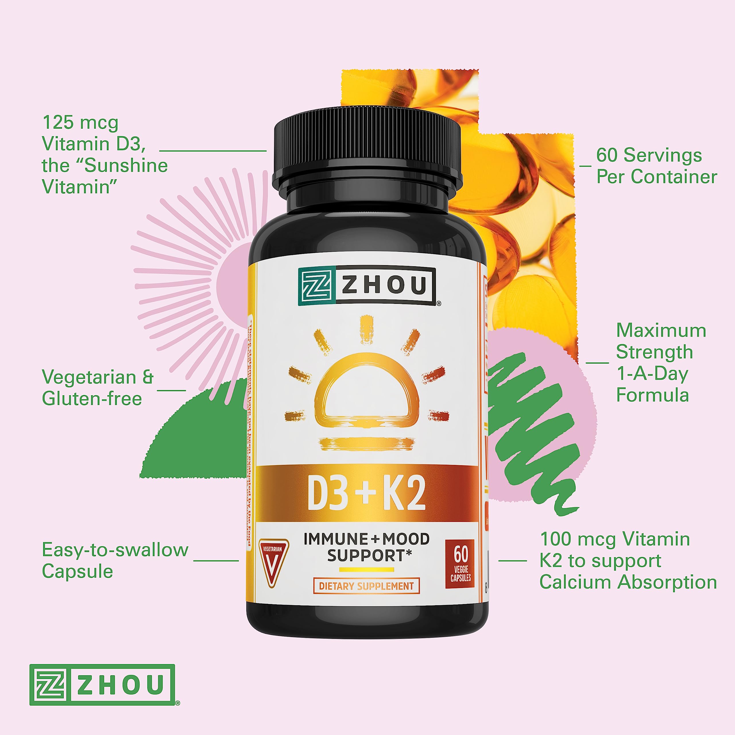 ZHOU D3+K2: fórmula vegetariana para apoyo óseo y dental.