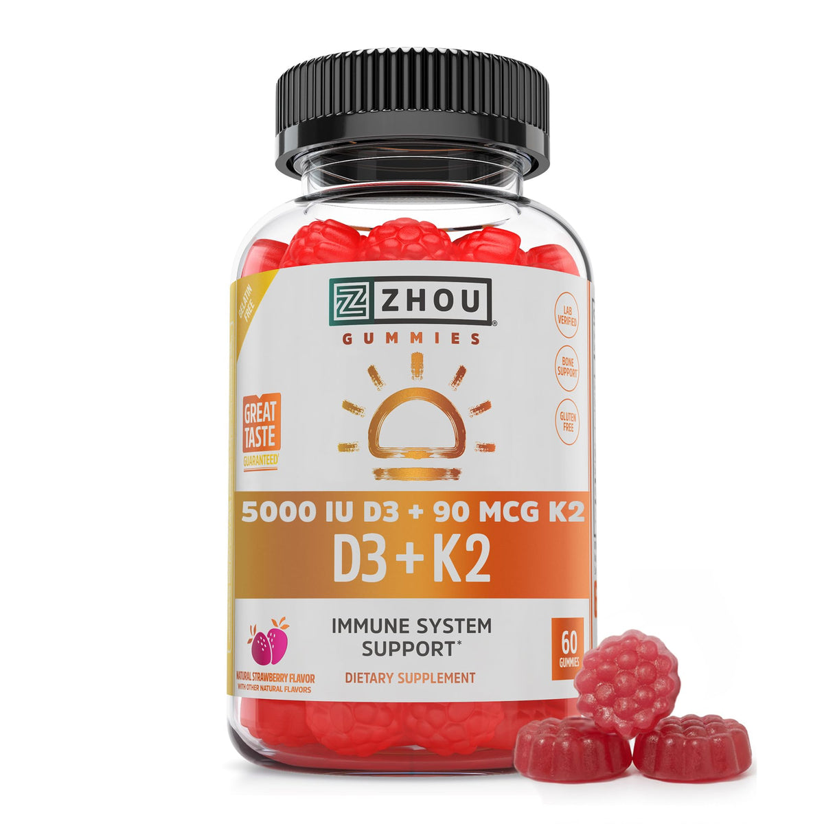 Zhou D3+K2 gomitas veganas, botella, apoyo óseo y vitalidad diaria.
