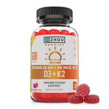 Zhou D3+K2 gomitas veganas, botella, apoyo óseo y vitalidad diaria.