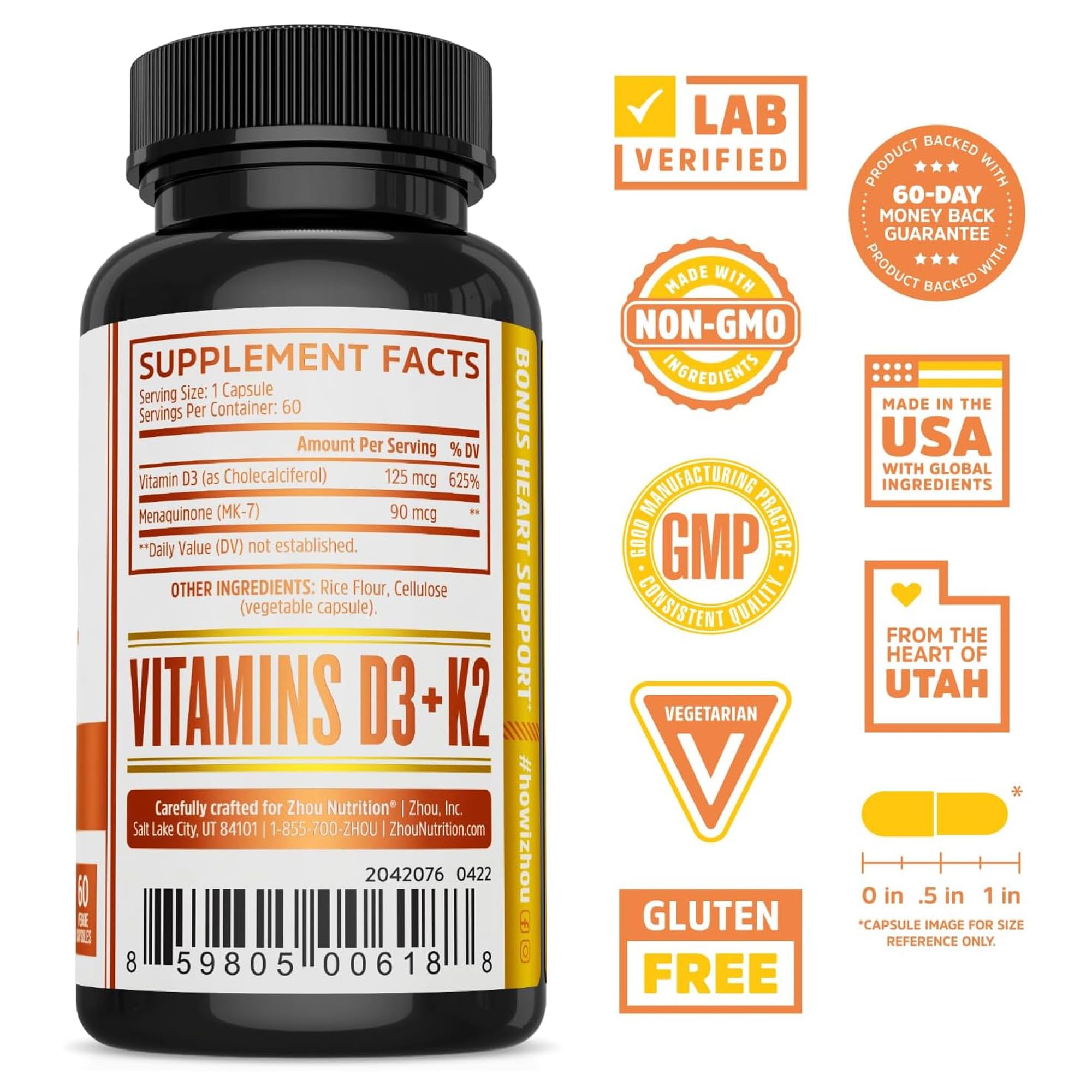 ZHOU D3+K2 cápsulas veganas en botella de 5000 unidades para uso diario.