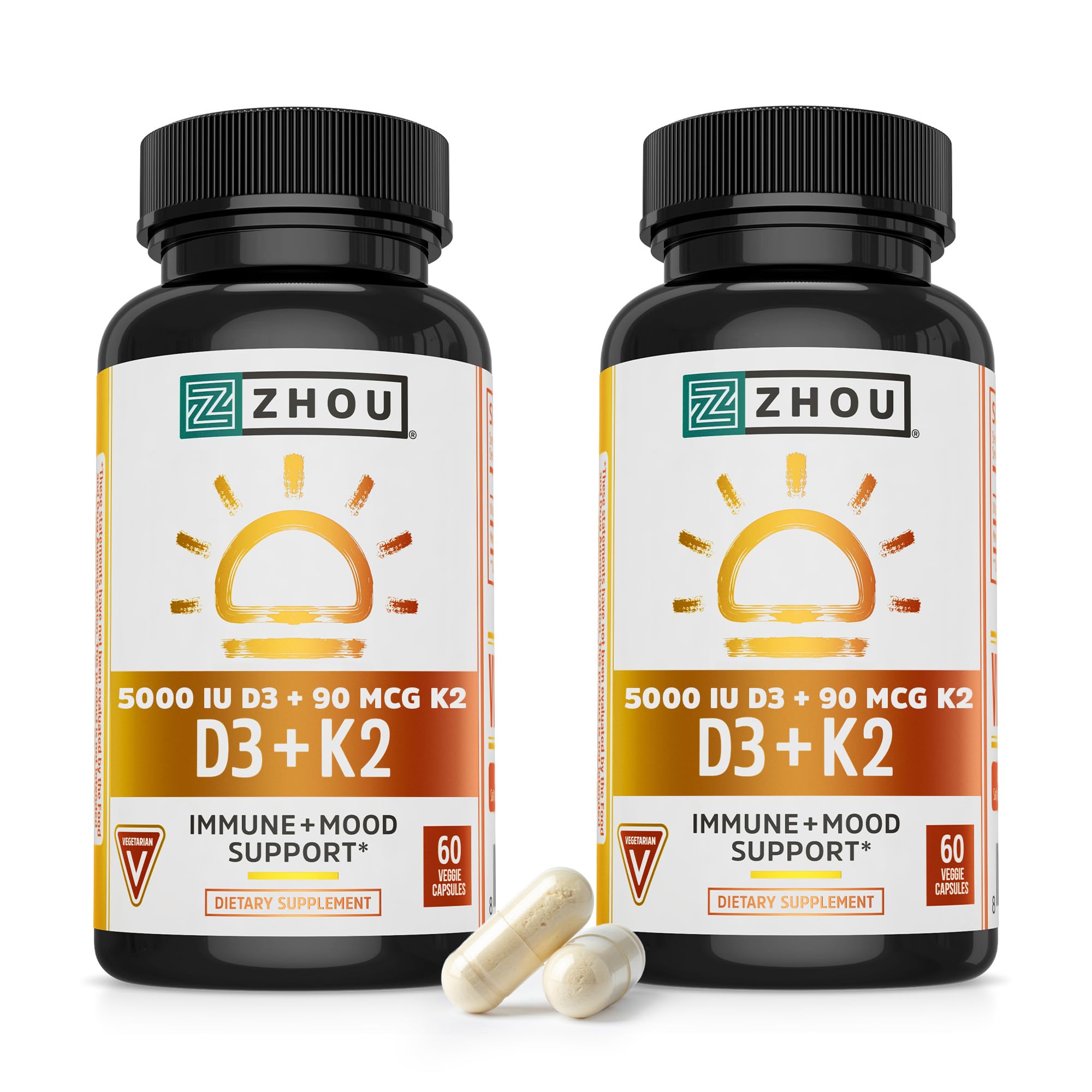 ZHOU D3+K2 cápsulas vegetales para apoyar huesos y dientes saludables.