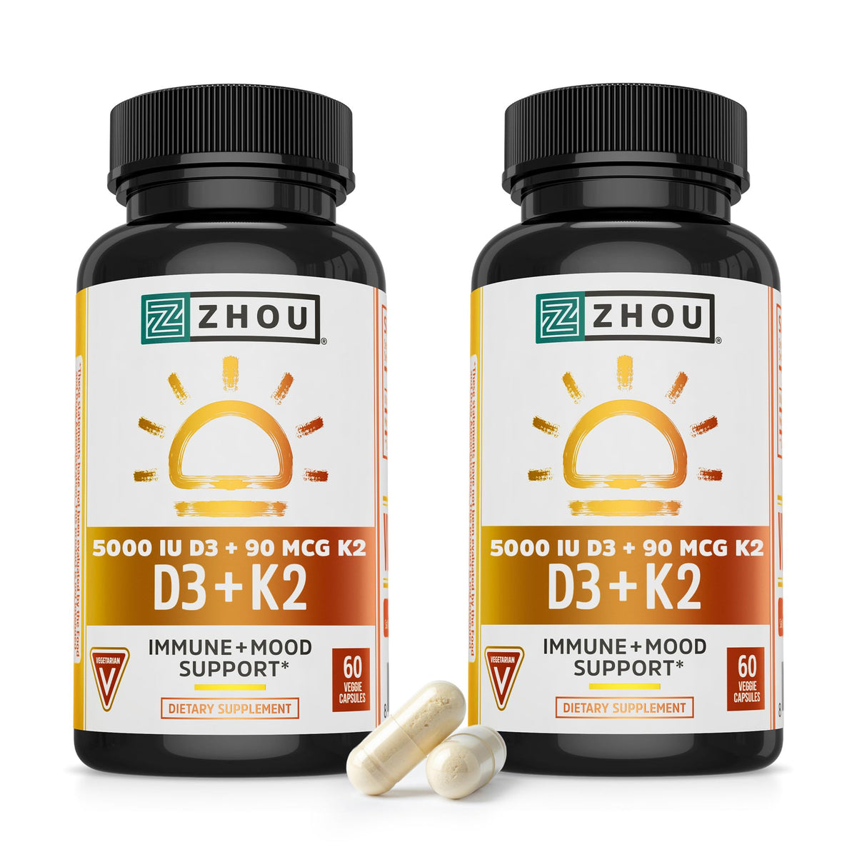 ZHOU D3+K2 cápsulas vegetales para apoyar huesos y dientes saludables.