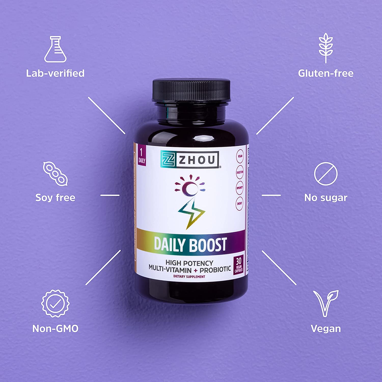 Cápsulas Zhou Daily Boost probióticas para comodidad intestinal diaria.