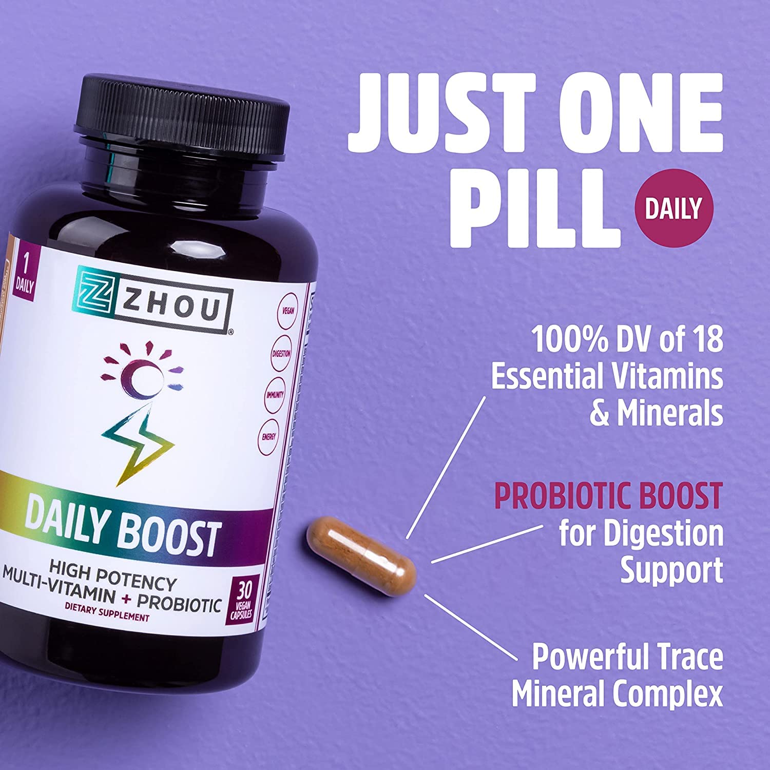 Etiqueta Zhou Daily Boost destaca opciones veganas y sin gluten.