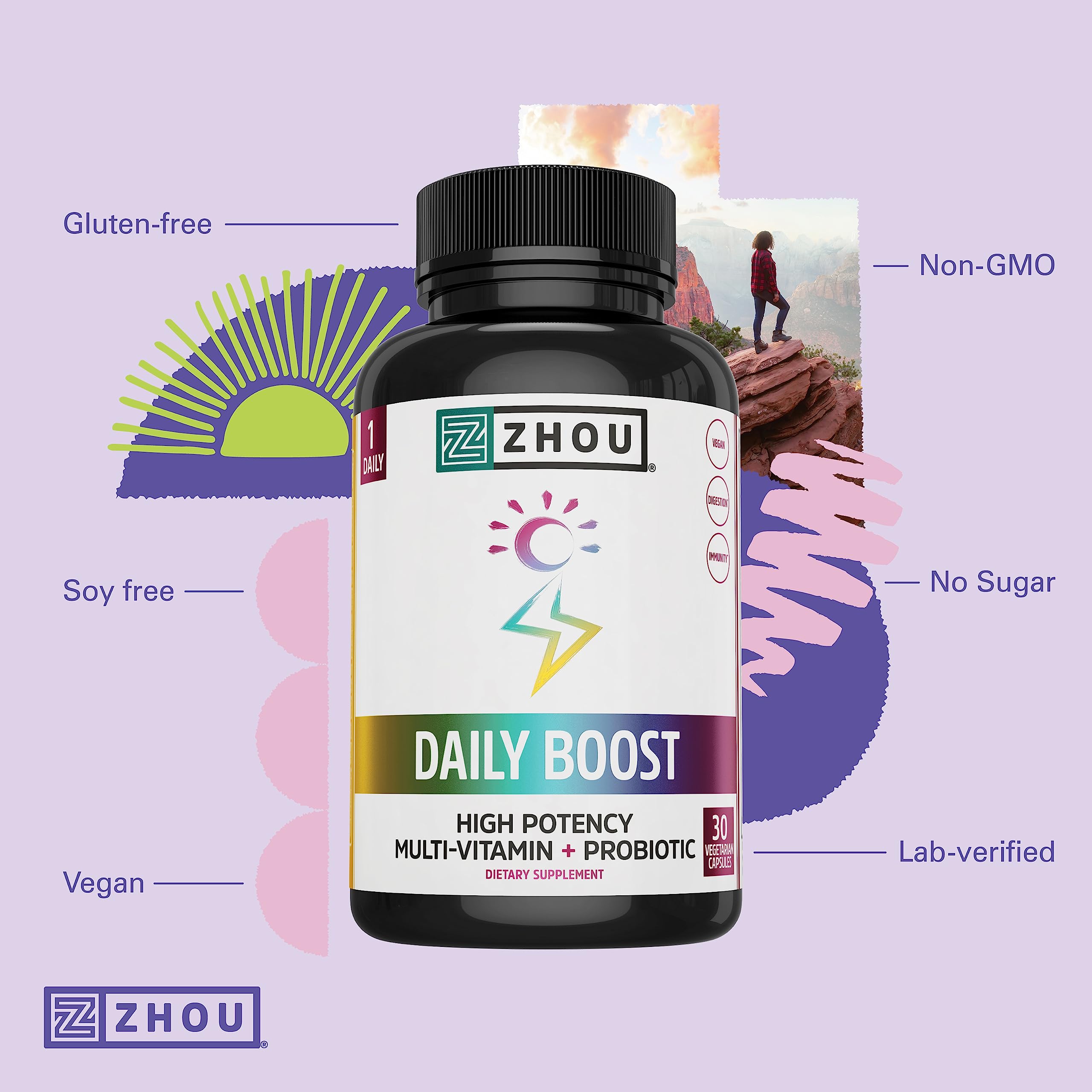 Ingredientes clave Zhou Daily Boost con vitaminas que apoyan energía y defensa