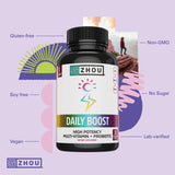 Ingredientes clave Zhou Daily Boost con vitaminas que apoyan energía y defensa
