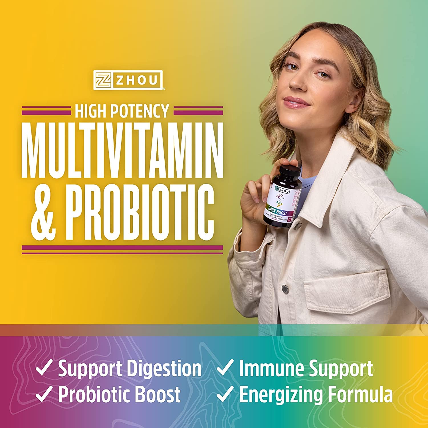 Probiótico Zhou Daily Boost Bacillus coagulans para apoyo digestivo.