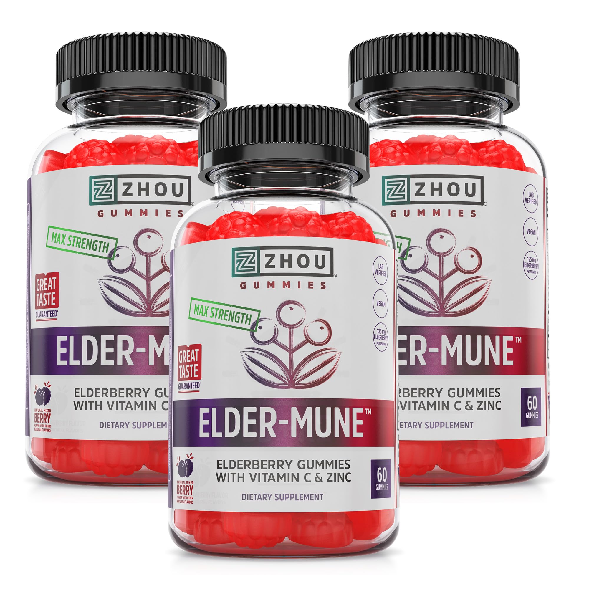 Gomitas ZHOU Elder-Mune con sauco negro, sabor natural, apoyo diario al sistema inmunitario.