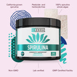 Etiqueta certificada de Zhou Espirulina garantiza calidad y origen.