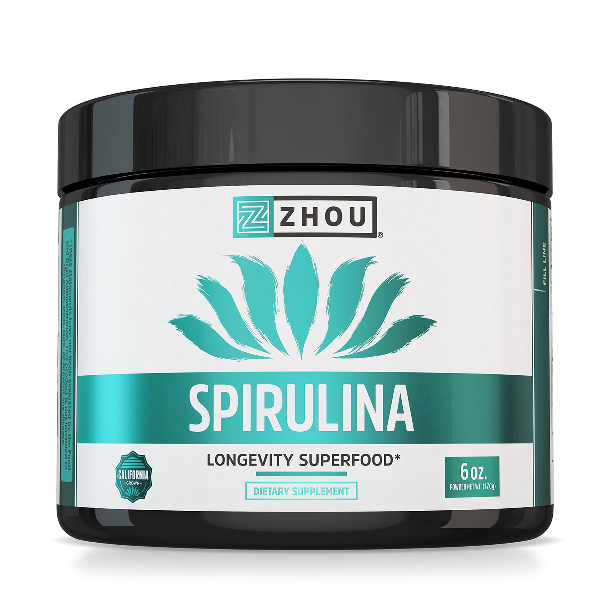 Zhou Espirulina en polvo en frasco de 170 g para energía diaria y nutrición verde.