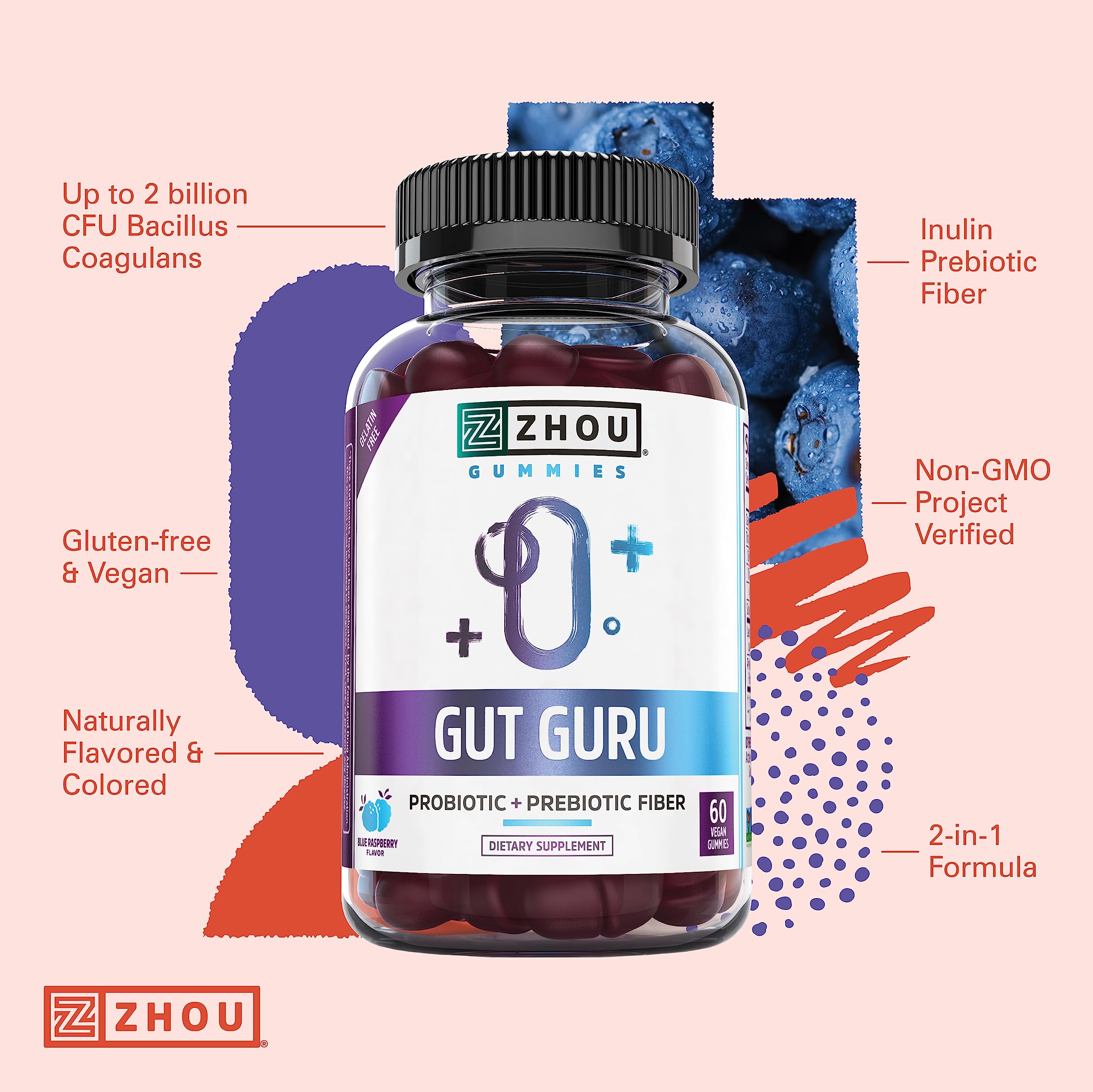 Fibra prebiótica y probiótica en Zhou Gut Guru para apoyo digestivo.