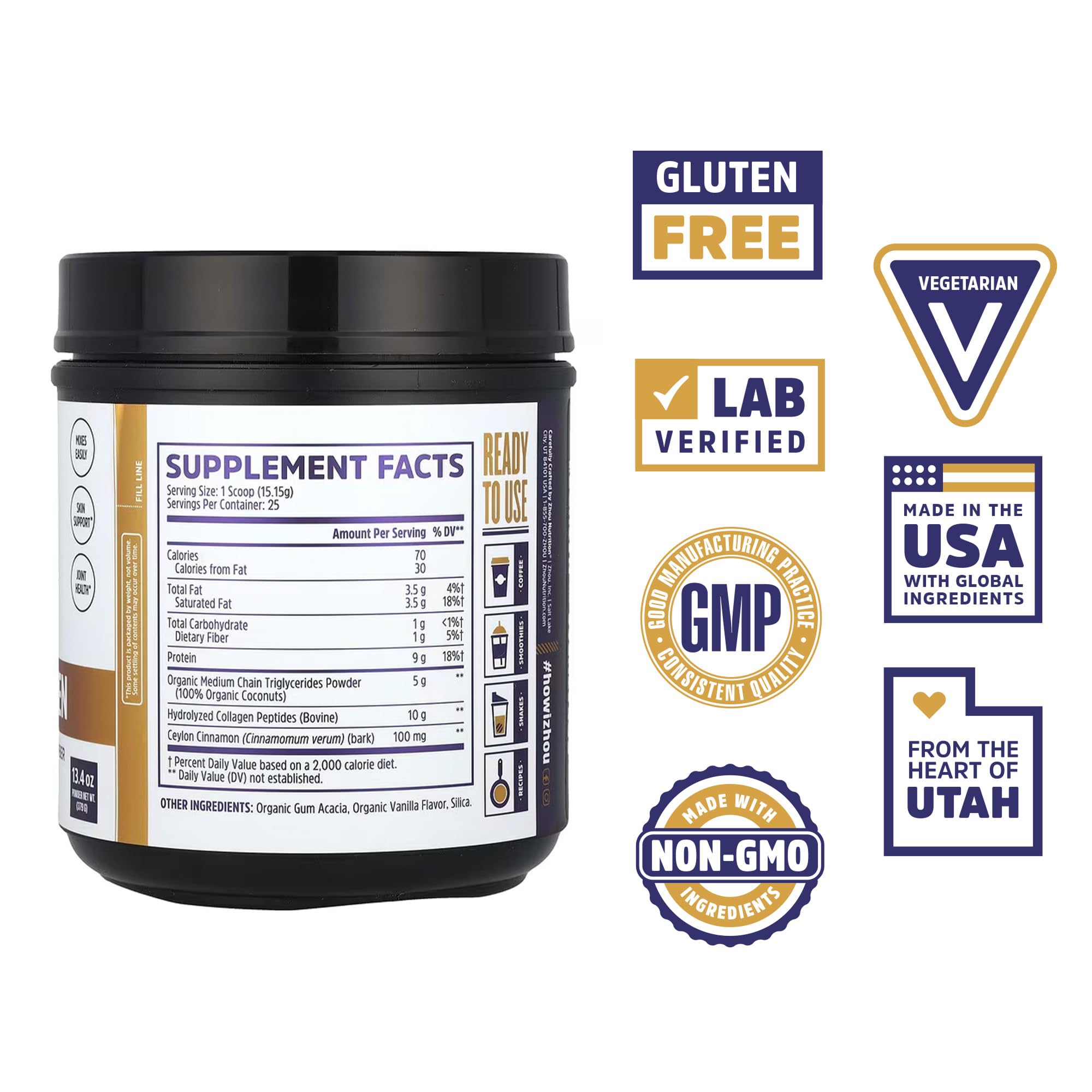 Zhou MCT Collagen con prebiótico orgánico para una digestión suave.