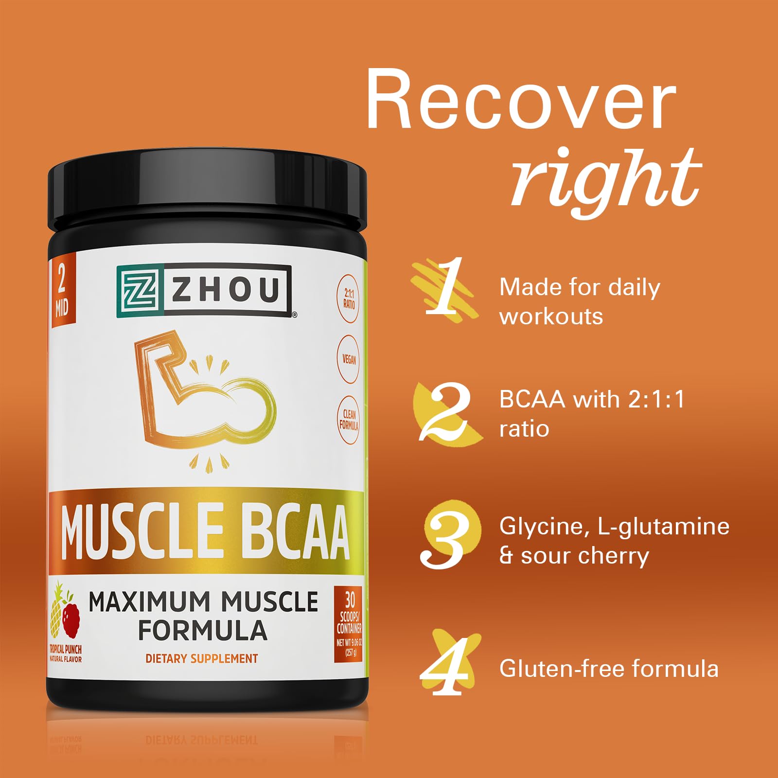 ZHOU Muscle BCAA, vaso con bebida sabor tormenta tropical, hidratación y frescura.
