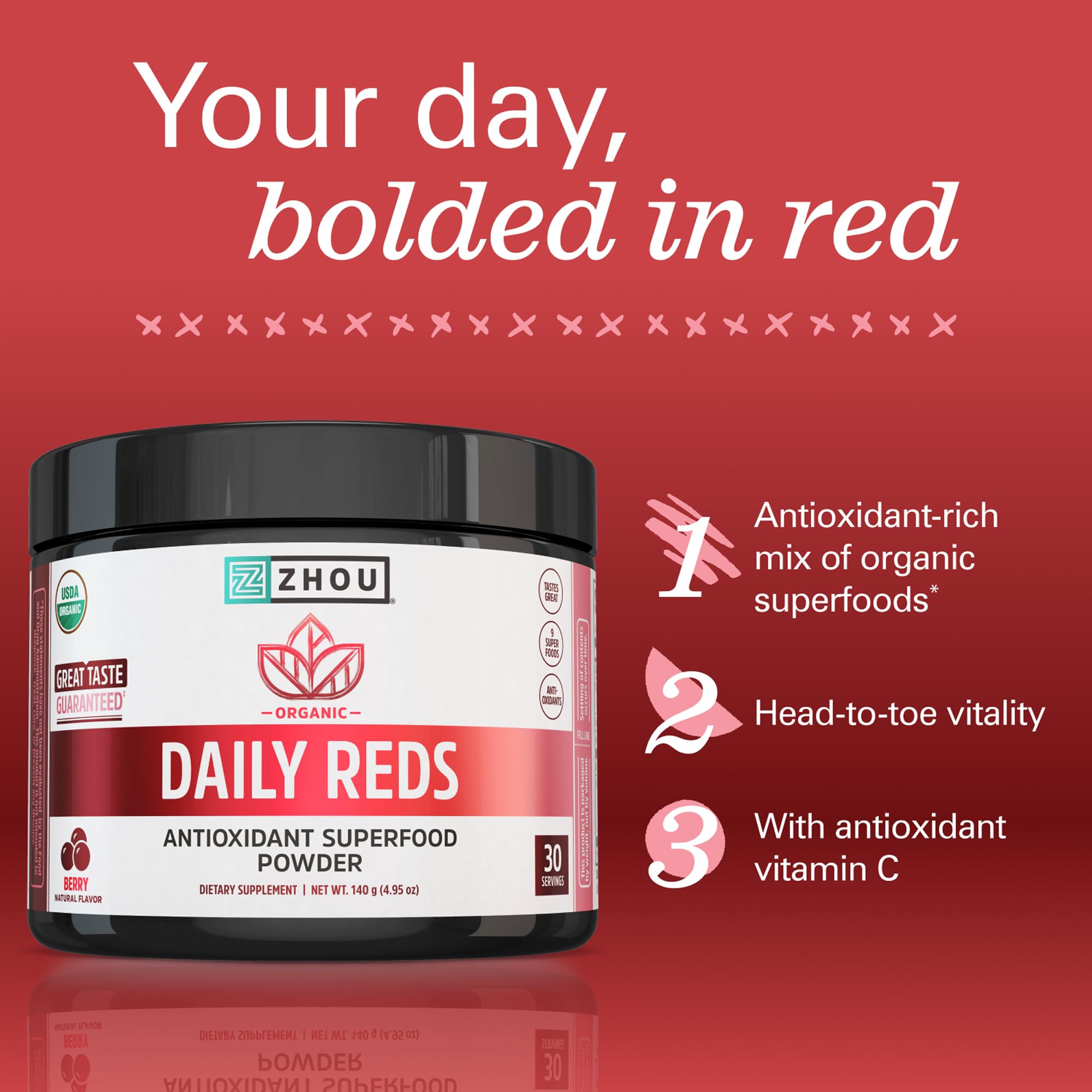 Zhou Organic Reds Powder cuchara de medida, dosis precisa para tu rutina.