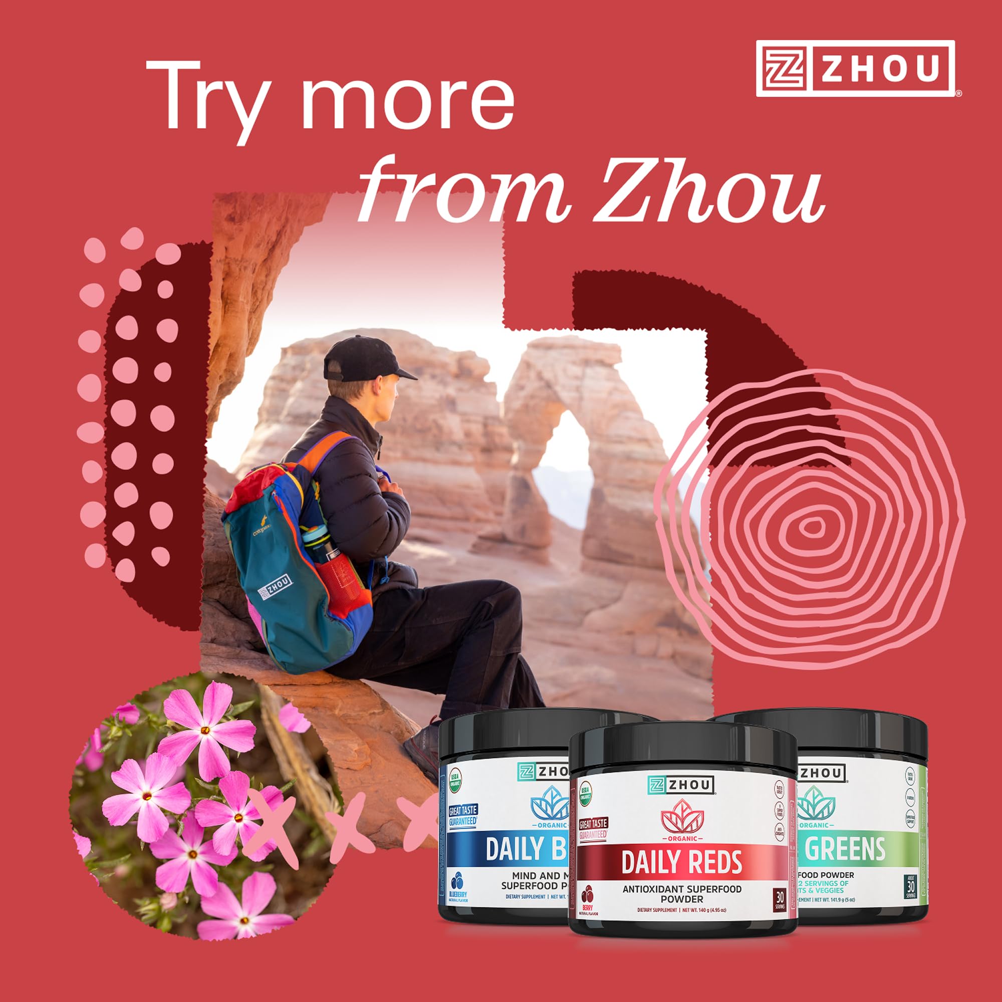 Zhou Organic Reds Powder mezcla en agua, sabor a bayas natural.