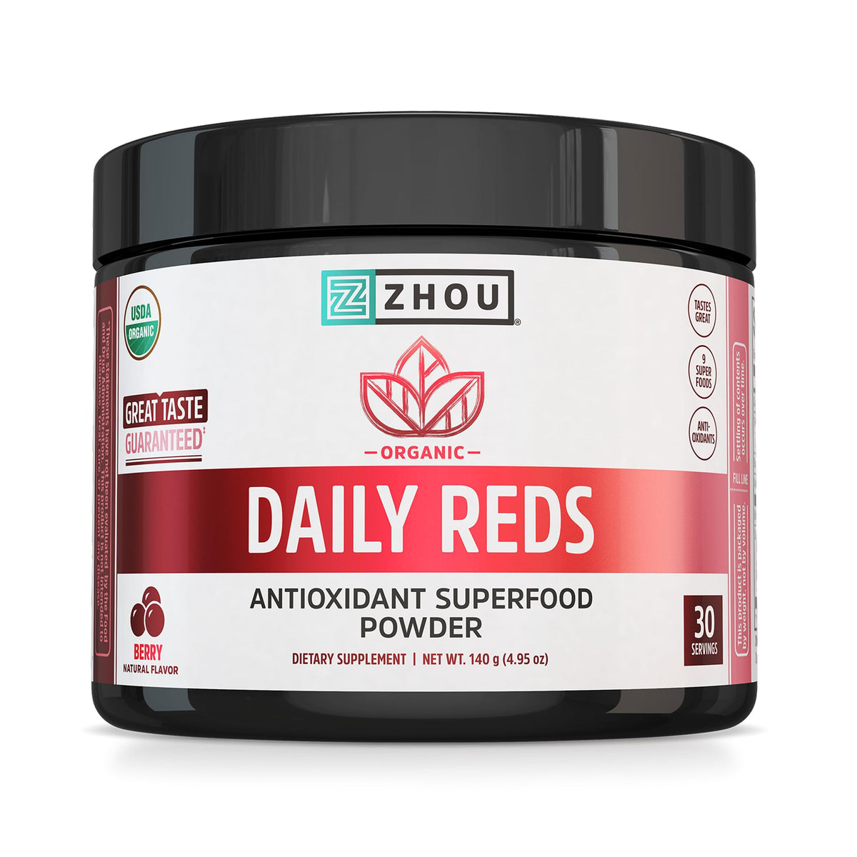 Zhou Organic Reds Powder vertido en vaso, impulso antioxidante para el día.