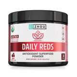 Zhou Organic Reds Powder vertido en vaso, impulso antioxidante para el día.
