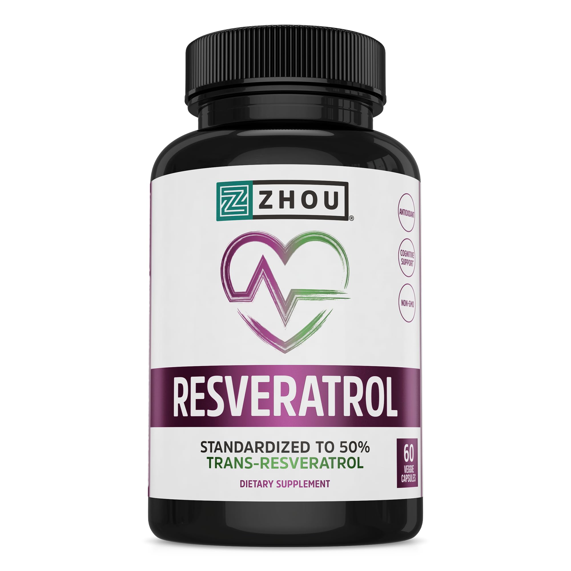 ZHOU Resveratrol: etiqueta del producto destaca capsulas y beneficios antioxidantes