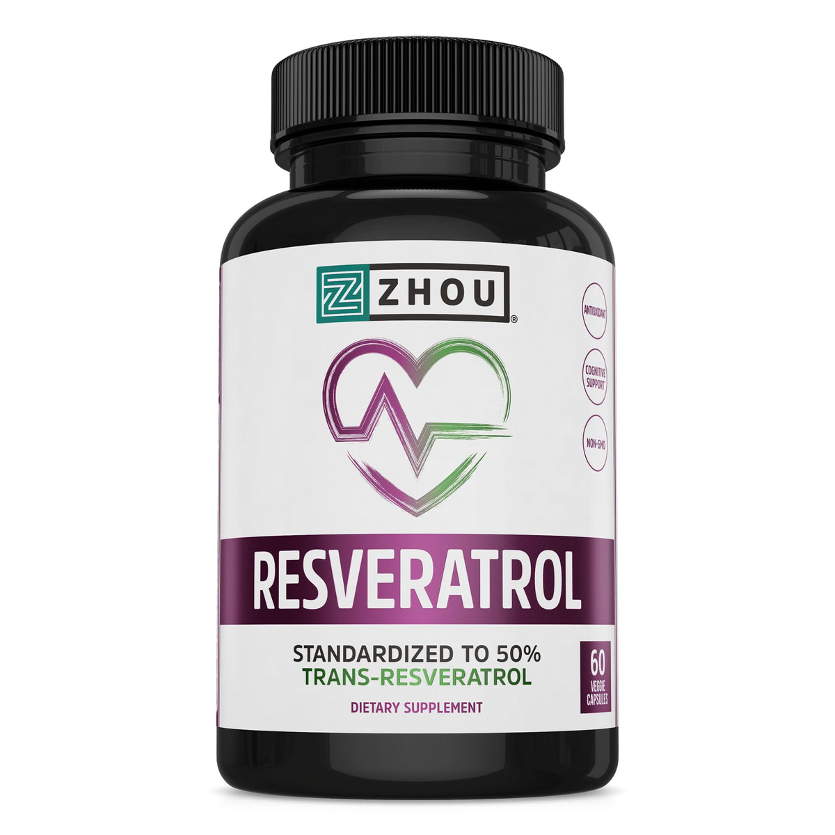 ZHOU Resveratrol: etiqueta del producto destaca capsulas y beneficios antioxidantes