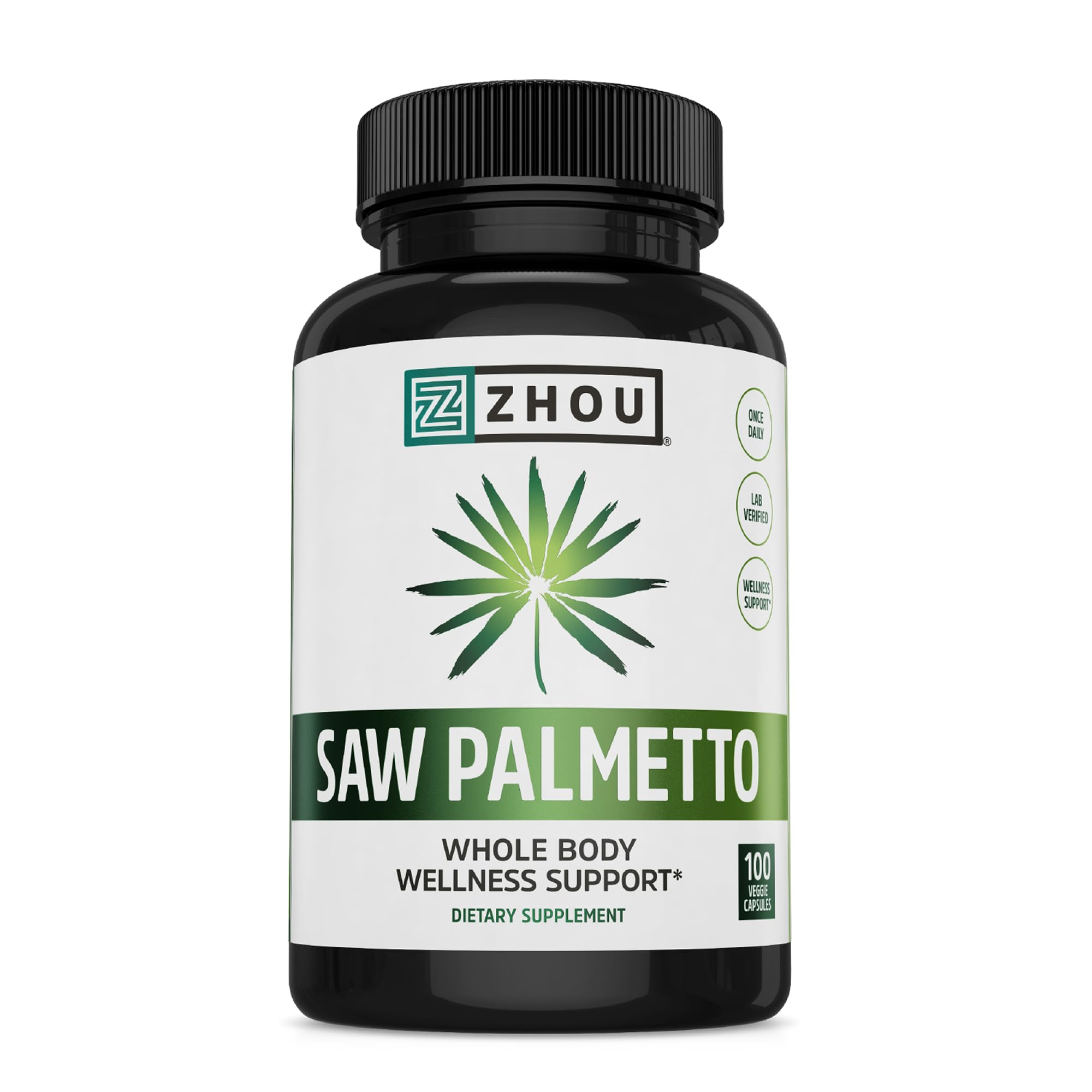 Zhou Saw Palmetto 500 mg, botella frontal, posible apoyo para la frecuencia urinaria.
