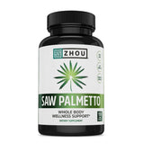 Zhou Saw Palmetto 500 mg, botella frontal, posible apoyo para la frecuencia urinaria.