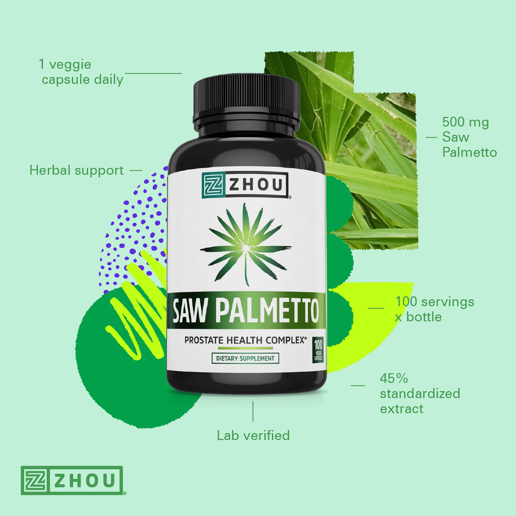 Zhou Saw Palmetto 500 mg, extracto, fórmula de potencia extra.