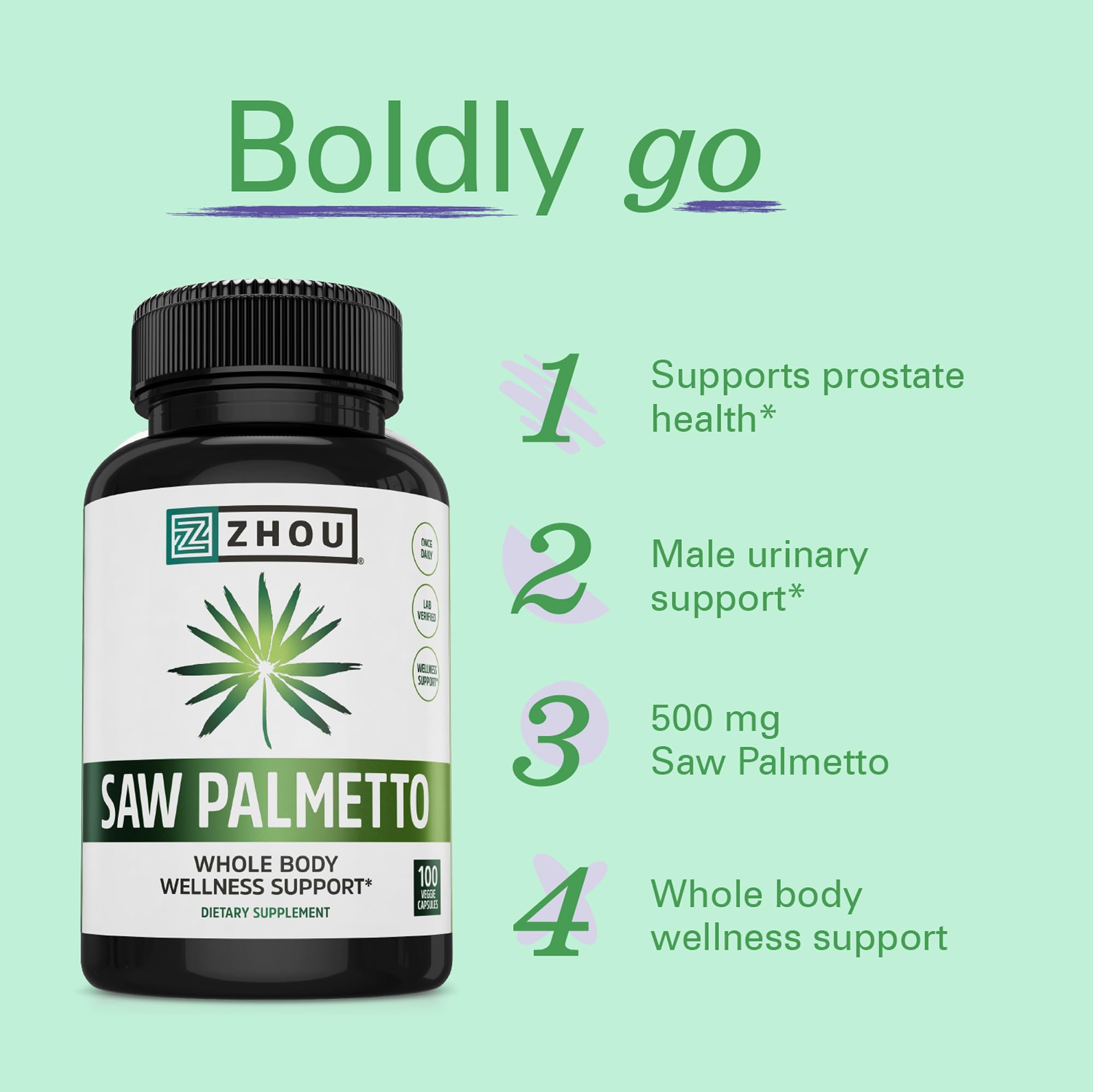 Zhou Saw Palmetto 500 mg, polvo de bayas, combinación natural para beneficios potenciales.