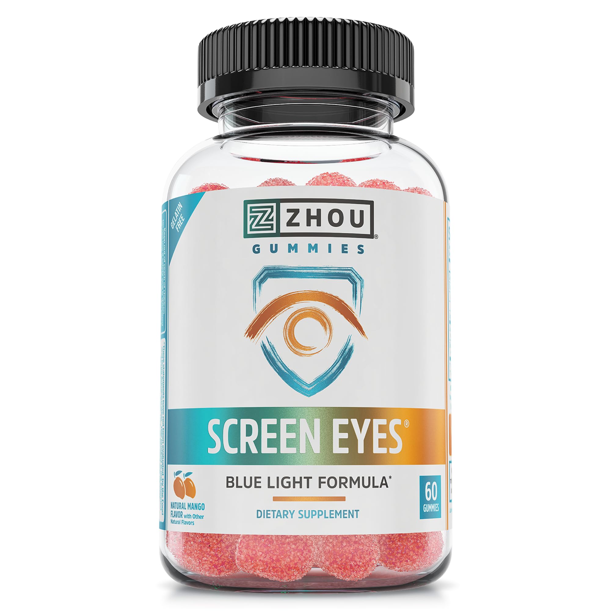 Gomitas Zhou Screen Eyes en frasco frontal, sabor mango para uso diario.