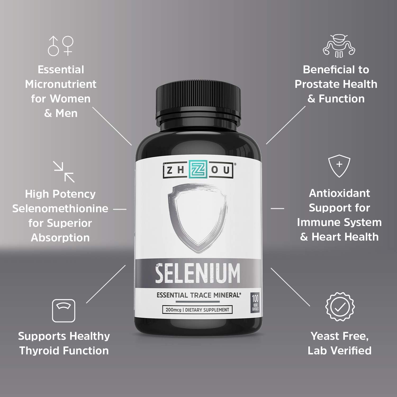 Zhou Selenium, etiqueta frontal, envase vegano y seguro