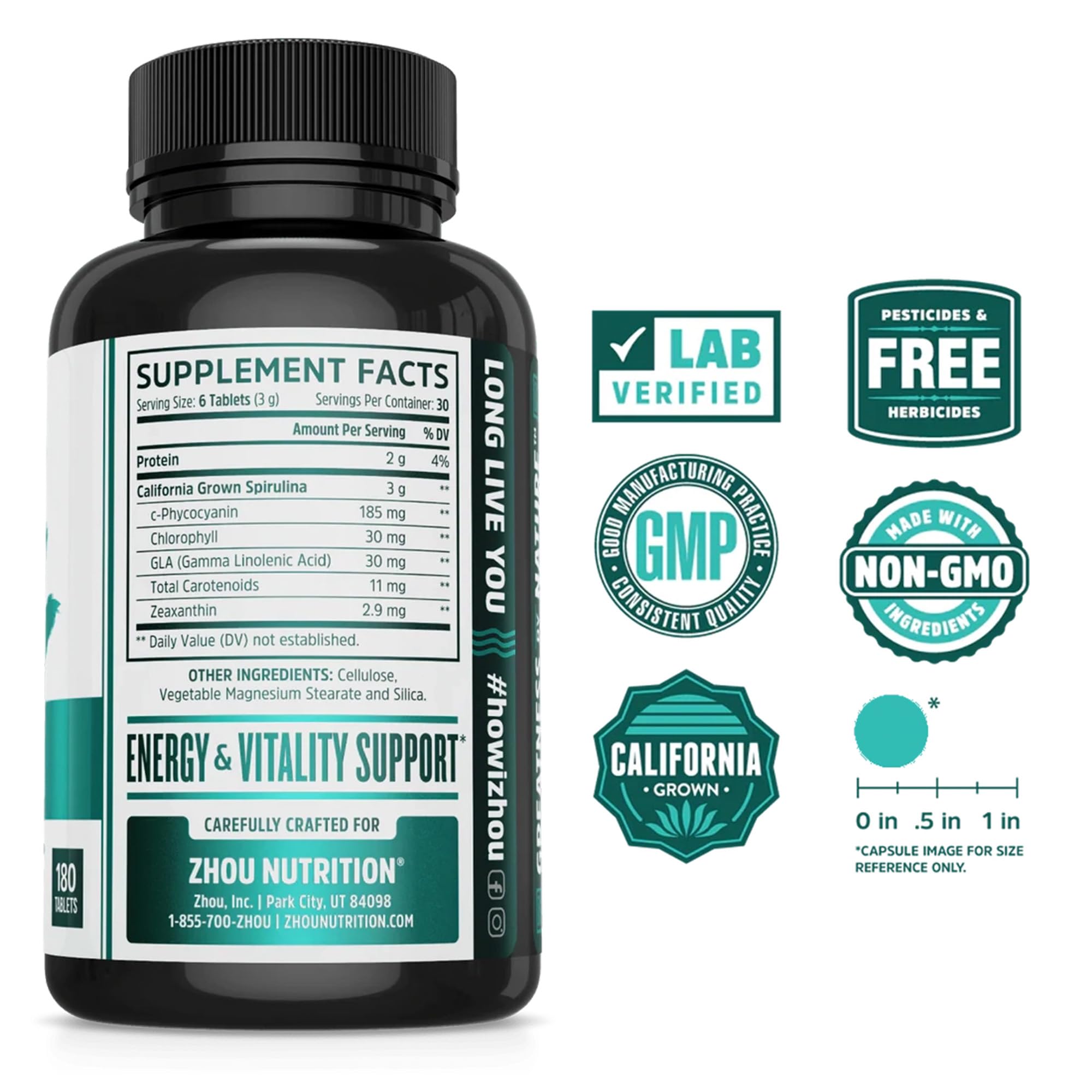 ZHOU Spirulina Tablets primer plano, tabletas verdes que inspiran energía sostenida.