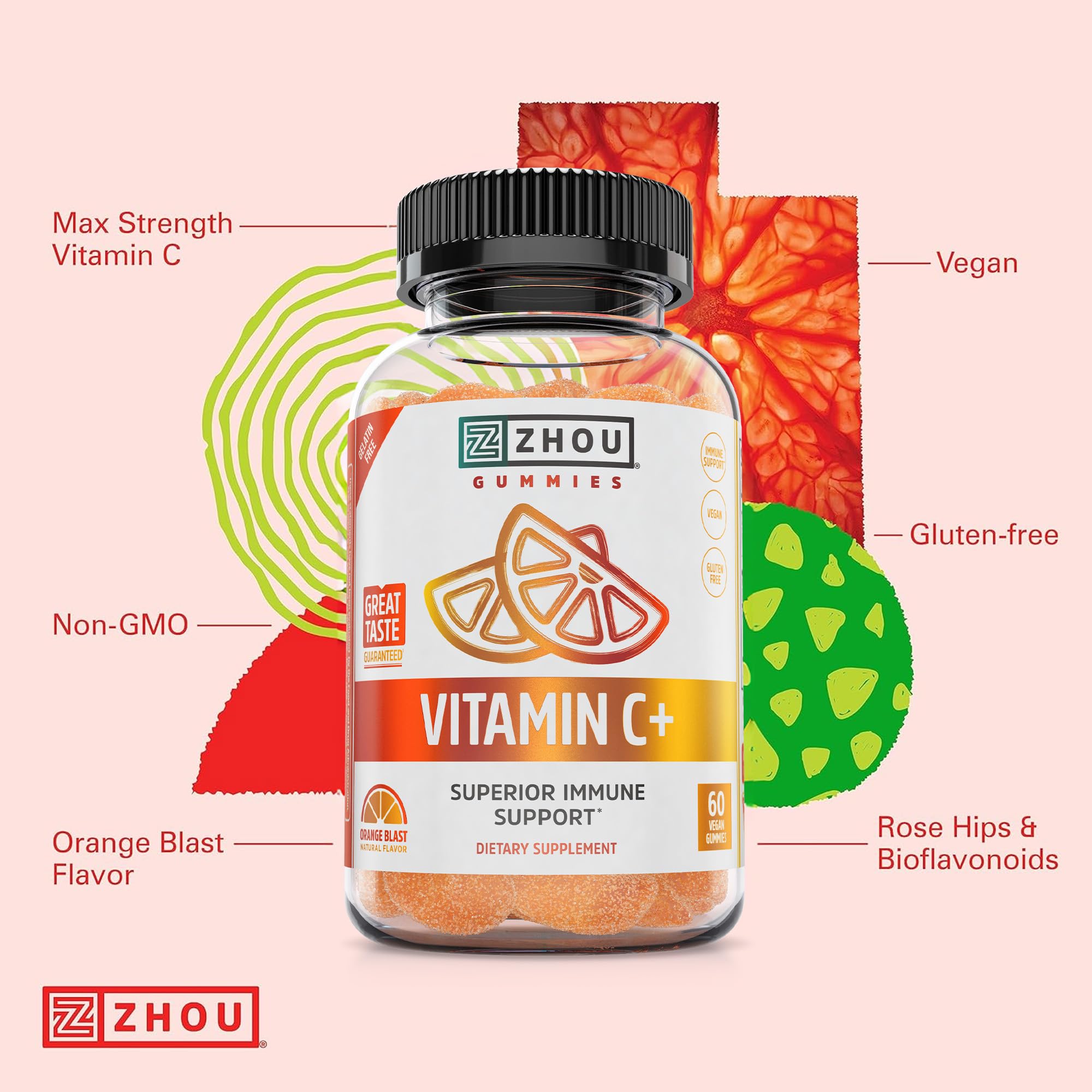 Envase vegano de Zhou Vitamin C+ Gummies, libre de alérgenos.