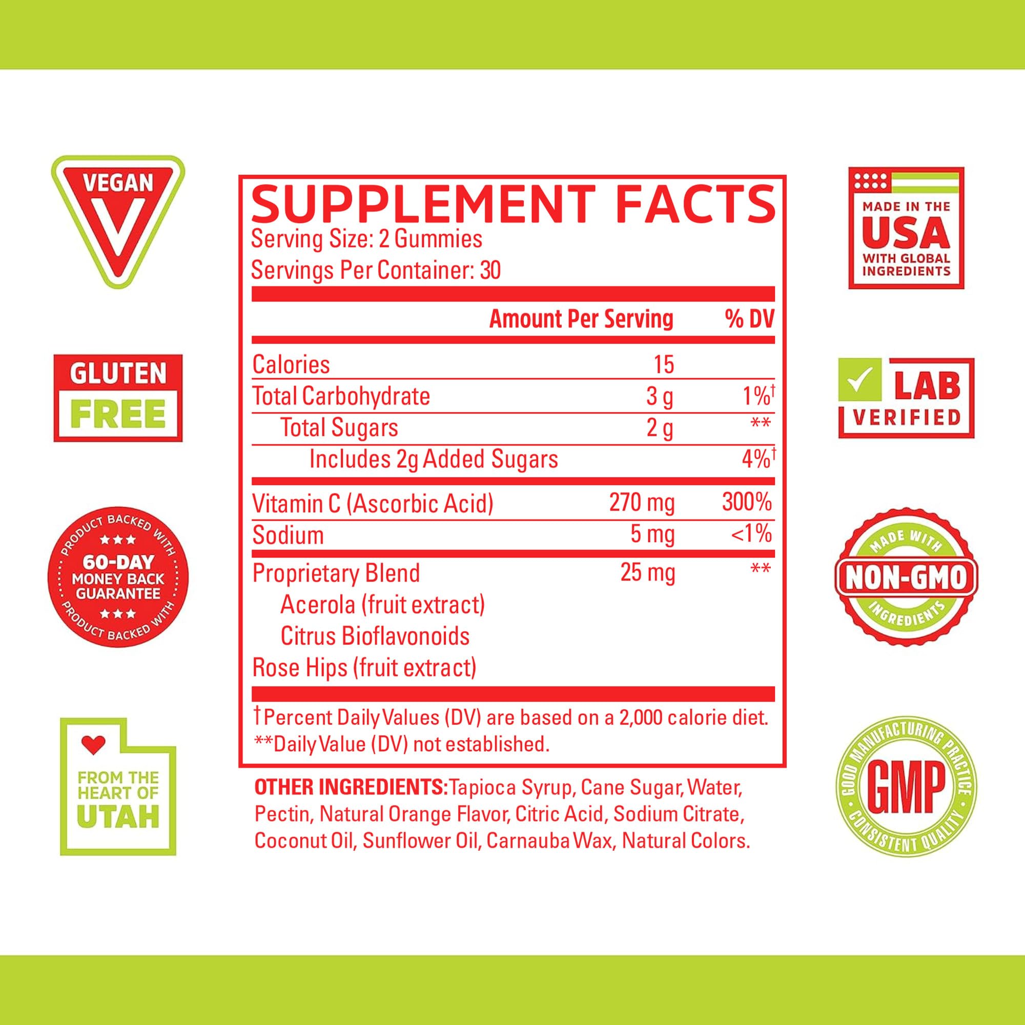 Etiqueta de Zhou Vitamin C+ Gummies destaca antioxidantes y bioflavonoides.