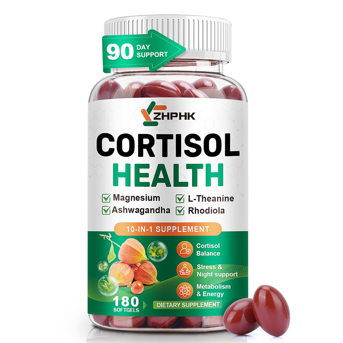 ZHPHK Cortisol: botella de cápsulas blandas para equilibrio diario.