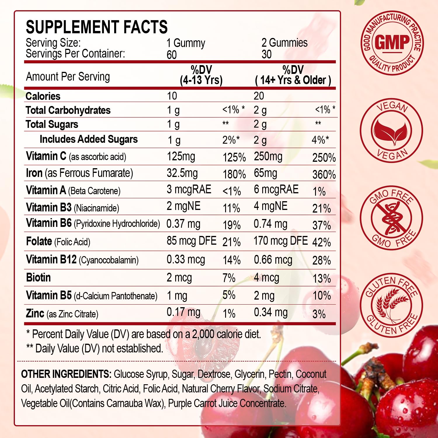 Gominolas de hierro ZHPHK sabor cereza, ideales para energía diaria.