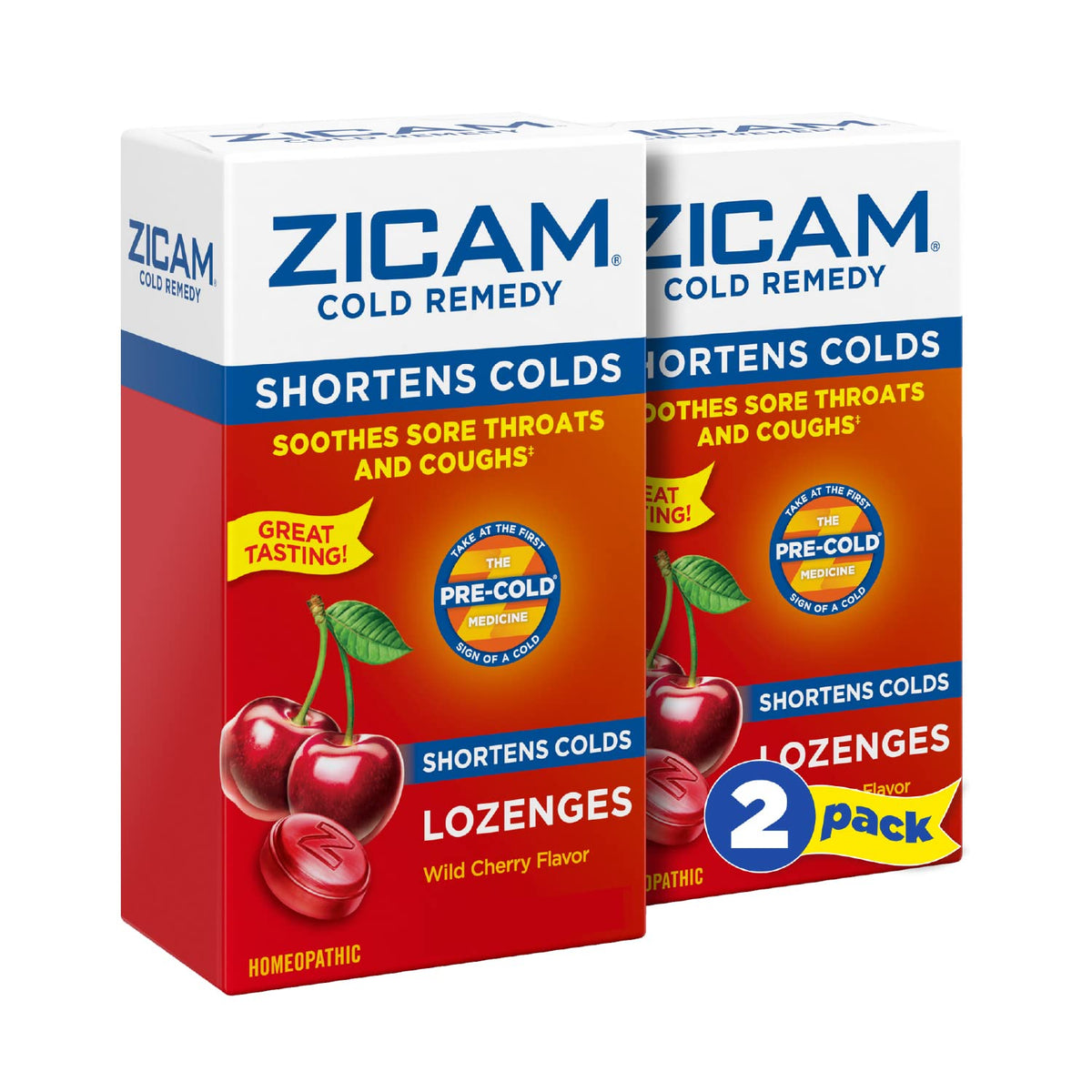 Pastillas Zicam zinc con sabor a cereza salvaje en empaque doble.