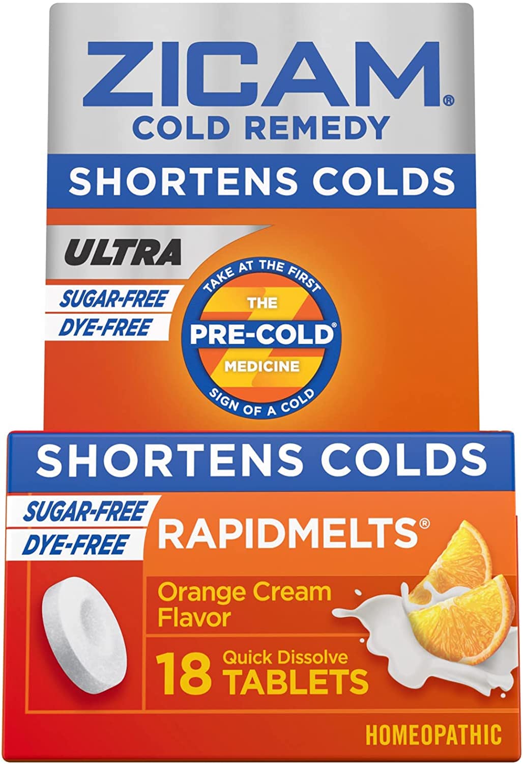 Zicam Ultra RapidMelts, tabletas naranja crema que se disuelven en la boca para uso rápido.