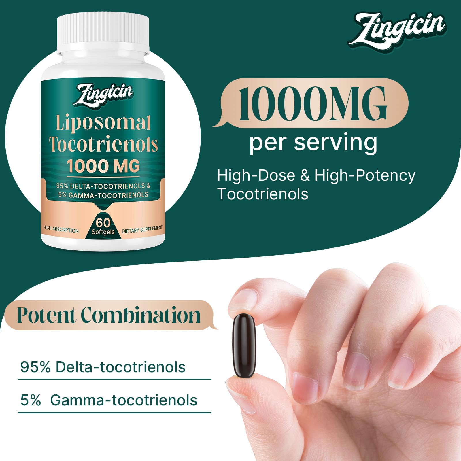 Zingicin Vitamina E Tocotrienoles Liposomal, cápsula blanda, rápida absorción para nutrición diaria