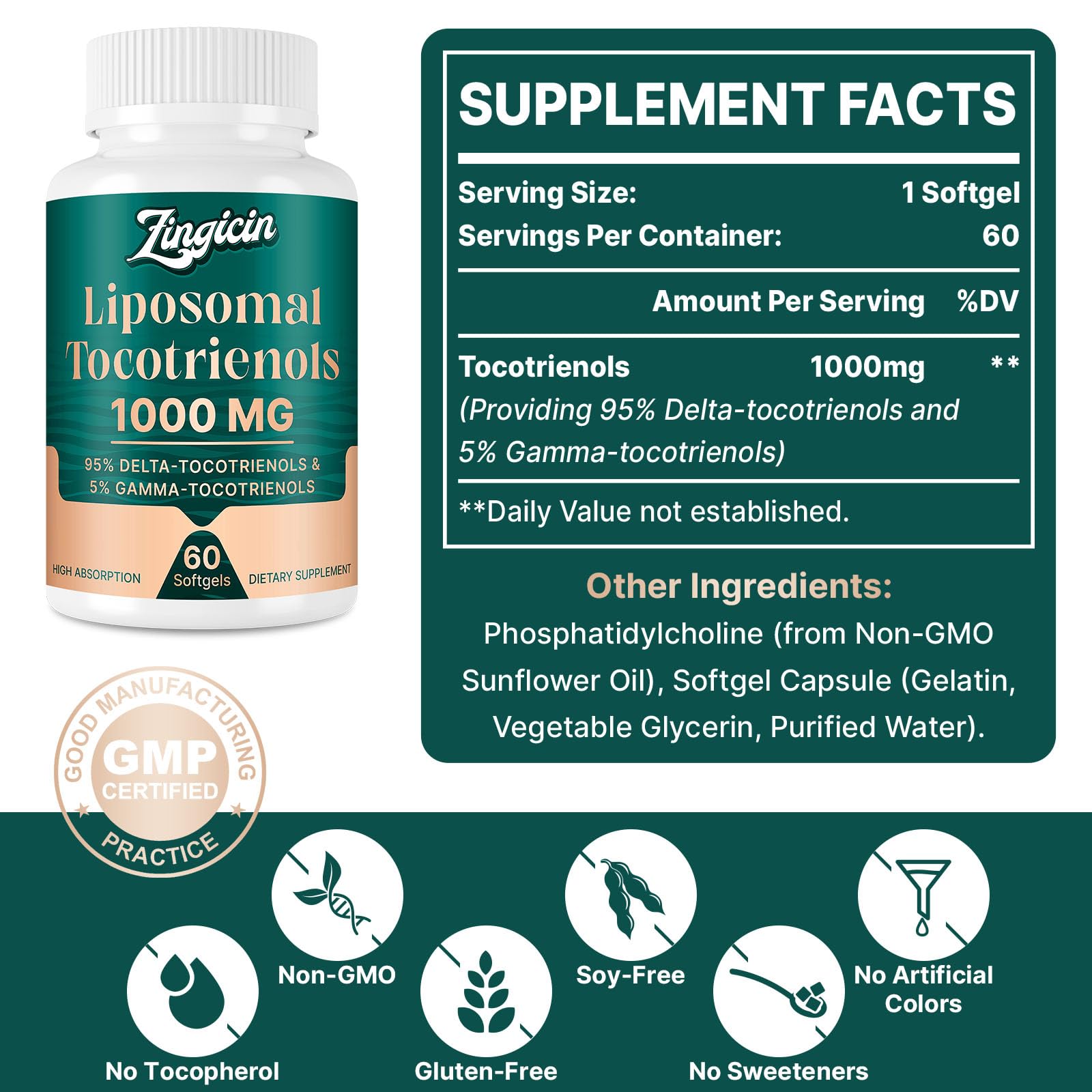 Zingicin Vitamina E Tocotrienoles Liposomal, contenido natural sin aditivos