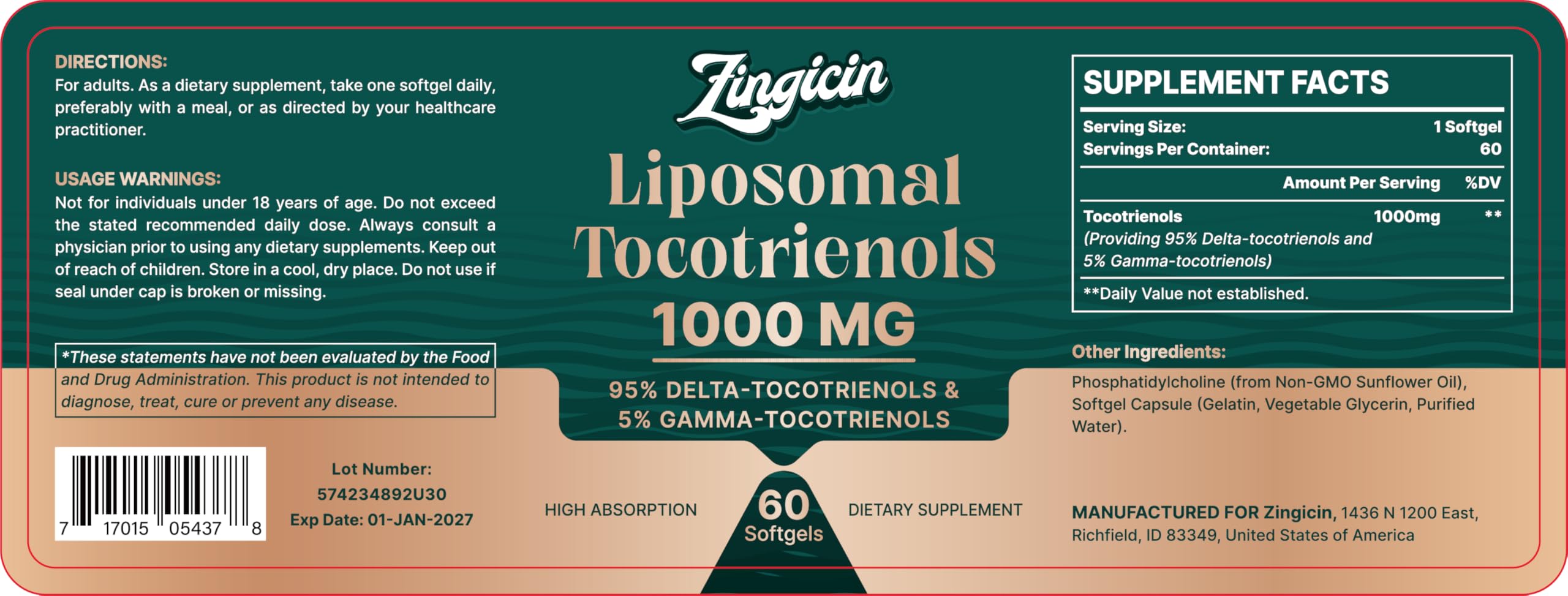 Zingicin Vitamina E Tocotrienoles Liposomal, empaque seguro para mantener calidad
