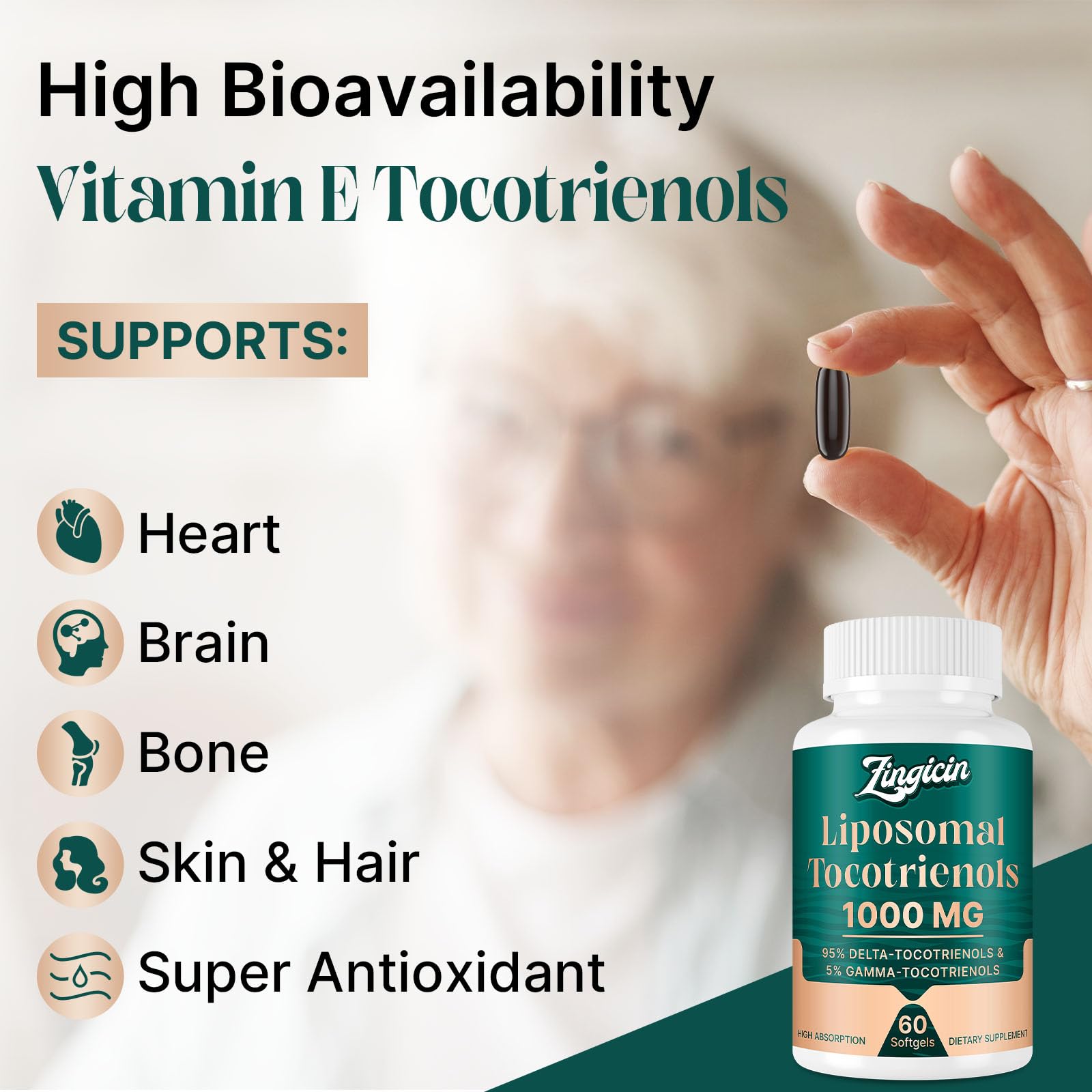 Zingicin Vitamina E Tocotrienoles Liposomal, etiqueta clara con Delta y Gamma tocotrienoles