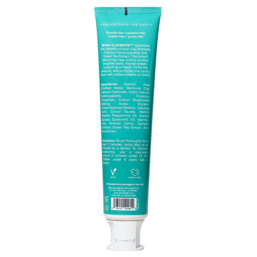 Envase de Zion Health ClayBrite muestra diseño limpio para higiene bucal