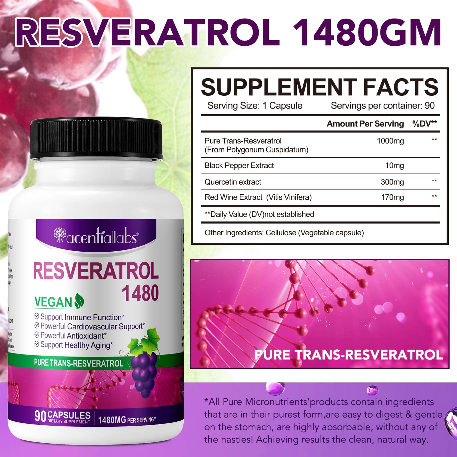 Ingredientes no GMO en ZIXAOK Resveratrol, opción vegana y libre de alergenos.