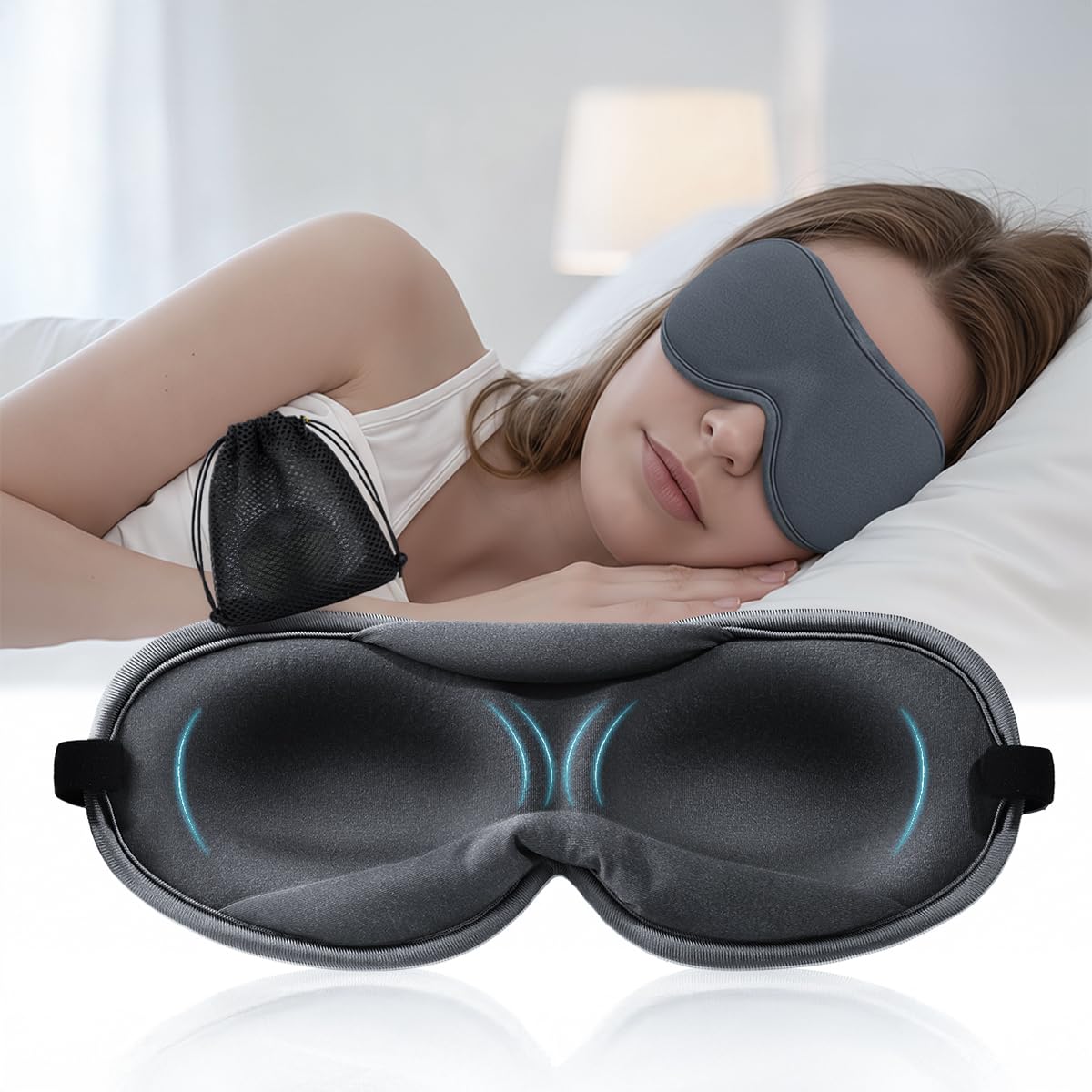 ZLZQER máscara 3D ultra fina vista frontal bloquea la luz para mayor comodidad.