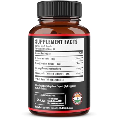 Cápsulas Zolotus Tribulus con Maca para energía diaria.