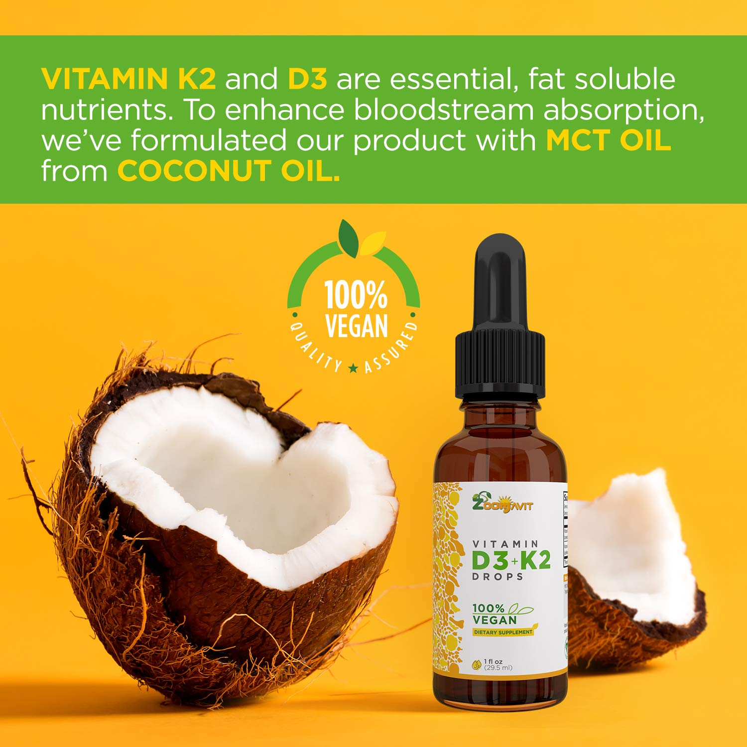 Detalle de aceite de coco que facilita la absorción de D3 y K2.