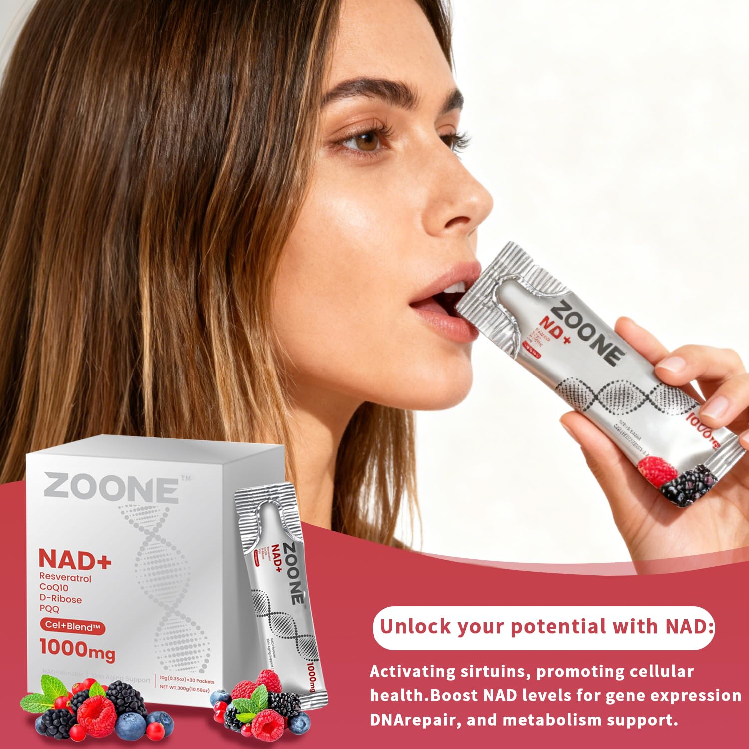 Caja de Zoone NAD Resveratrol, presentación premium
