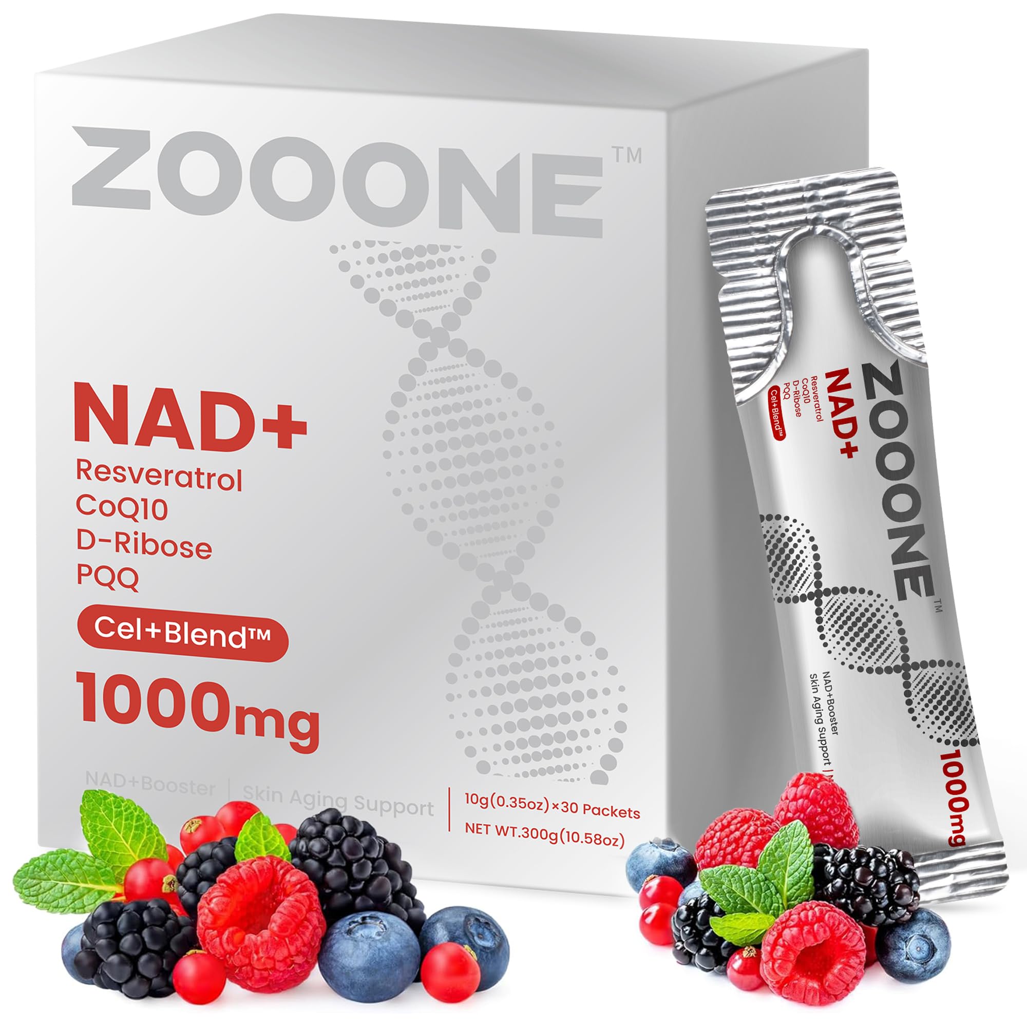 zooone NAD botella con etiqueta frontal, apoyo a la energía celular